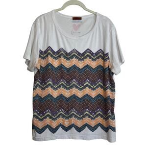 Missoni Key to the Cure Chevron Striped Womens Tee Large White Multicolor JLo